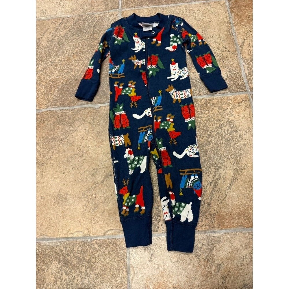 Hanna Andersson Holiday Dogs Cats Organic Cotton Sleeper Navy Blue 6-12 Months
